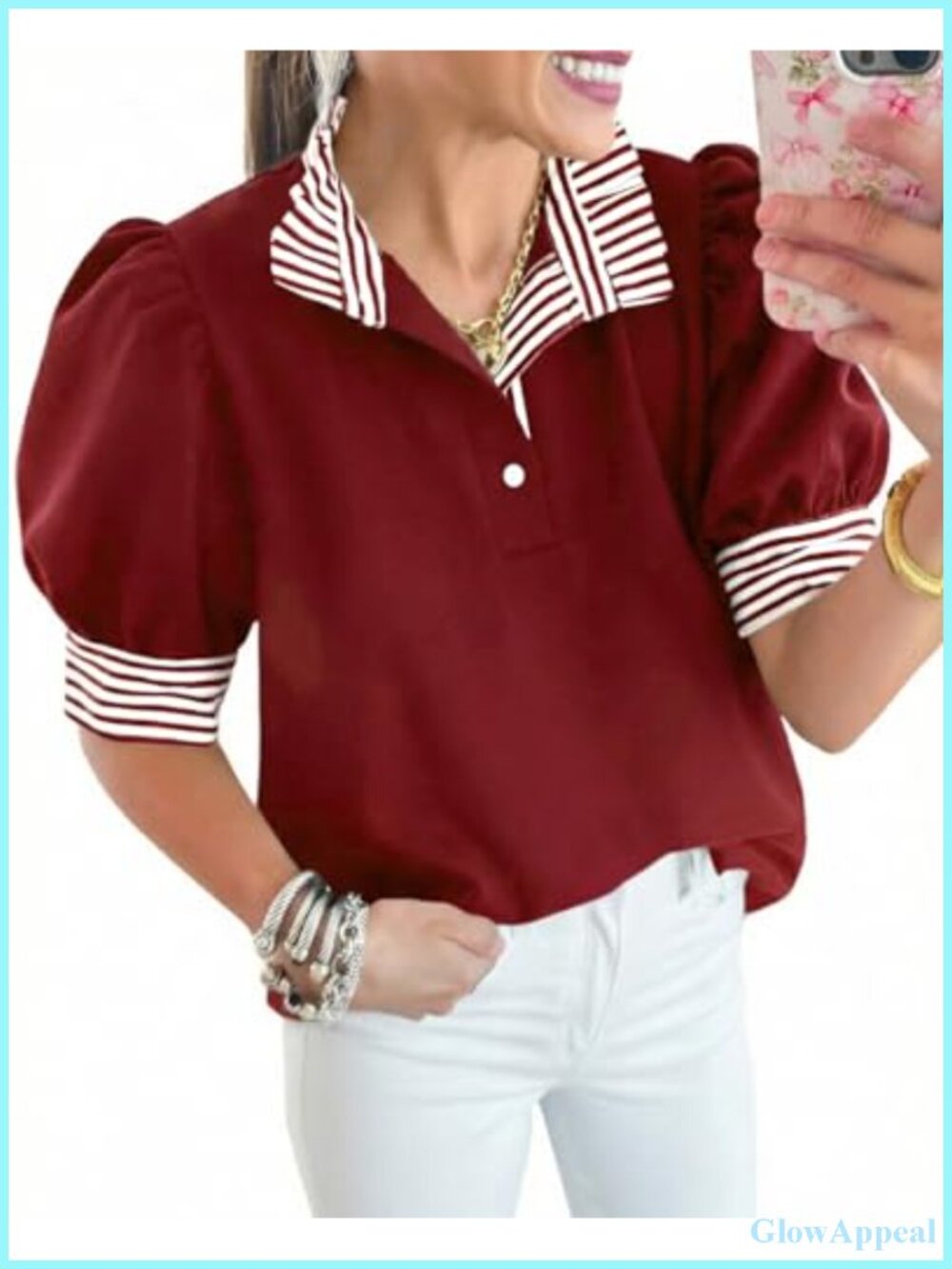 Women's Striped Puff Sleeve V-Neck Polo Shirt Soft Blouse Button Top